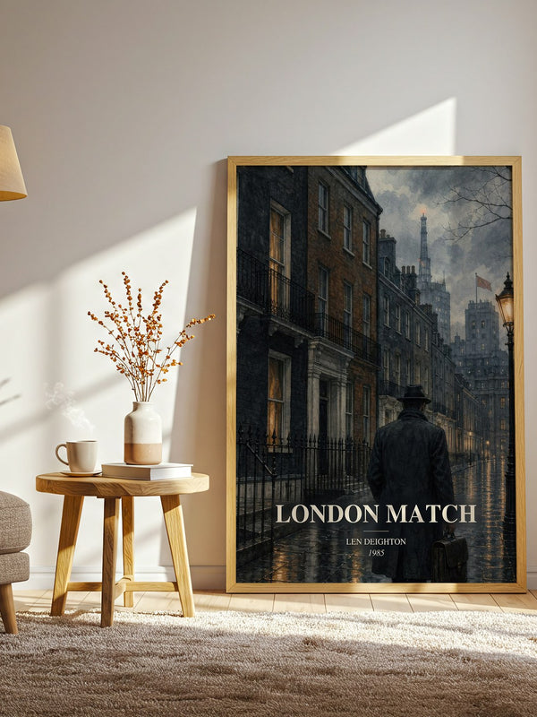 London Match watercolour print in frame leaning in hallway – thriller wall art