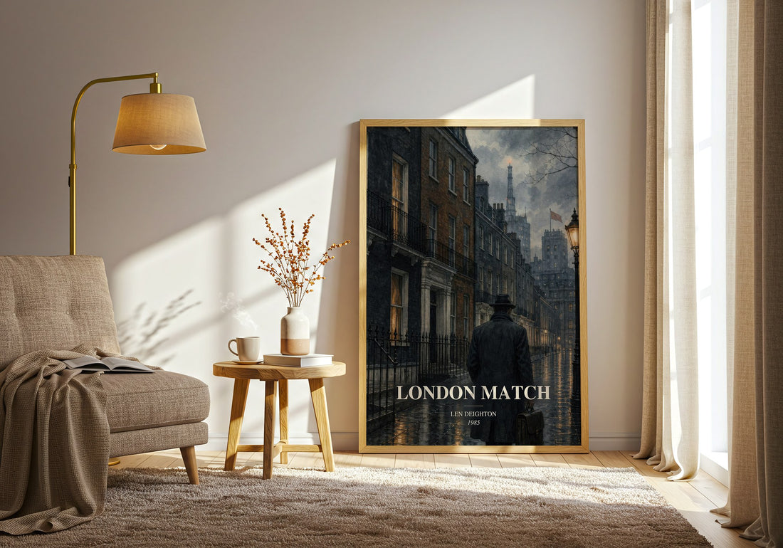 London Match watercolour print in frame leaning in hallway – thriller wall art (mockup)