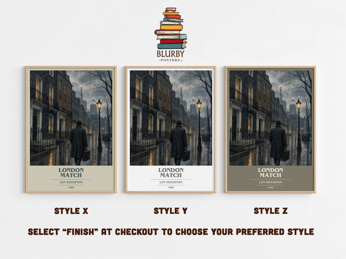 London Match book cover print in frame leaning in hallway – thriller wall art (mockup)
