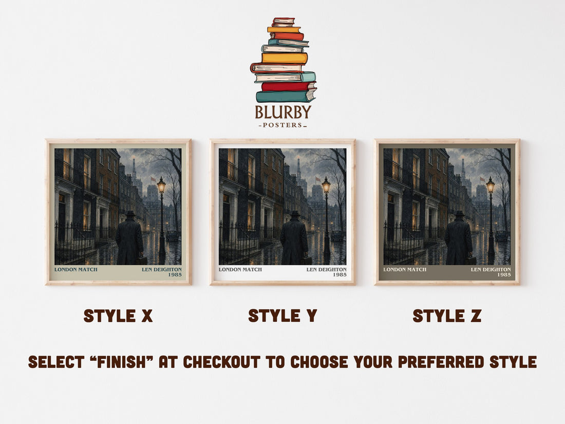 London Match literary print in frame leaning in hallway – thriller wall art (mockup)
