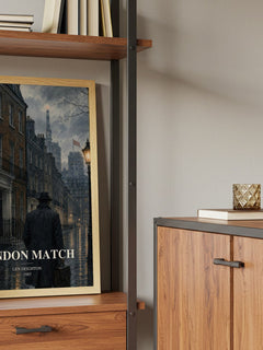 London Match Book Watercolour Illustration by Len Deighton – framed print on a shelf by a wooden cabinet