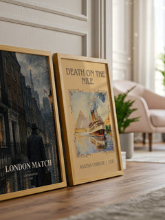 London Match Book Watercolour Illustration by Len Deighton – framed print leaning beside a second print