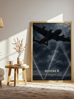 Bomber watercolour print in frame leaning in hallway – historical fiction wall art