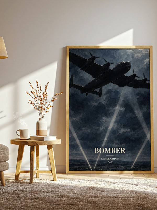 Bomber watercolour print in frame leaning in hallway – historical fiction wall art
