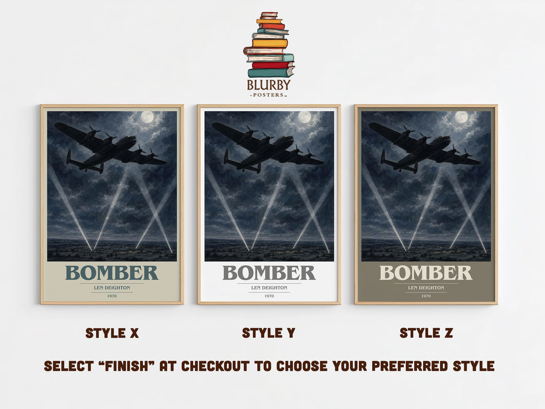 Bomber book cover print in frame leaning in hallway – historical fiction wall art (mockup)