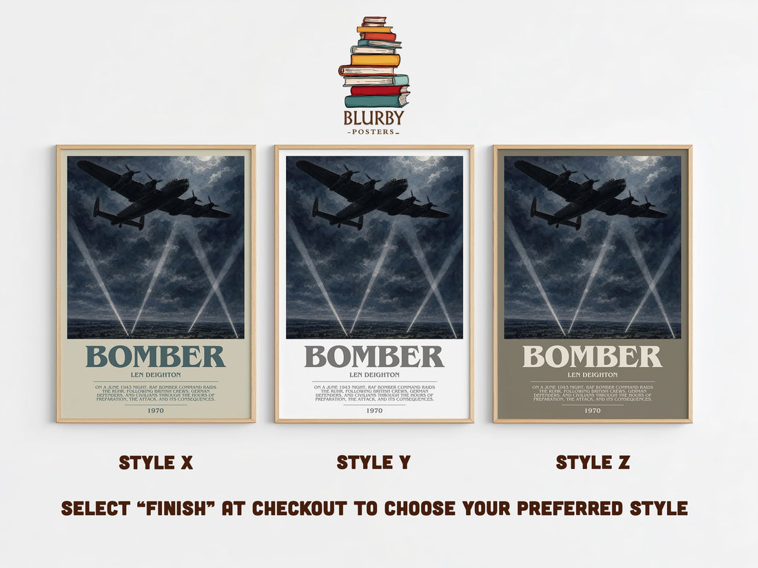 Bomber bookish print in frame leaning in hallway – historical fiction wall art (mockup)