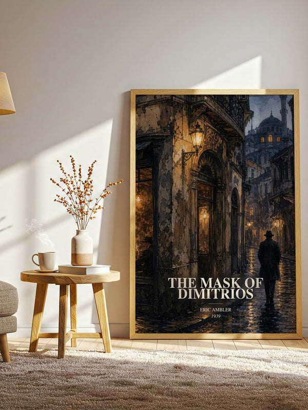The Mask of Dimitrios watercolour print in frame leaning in hallway – thriller wall art