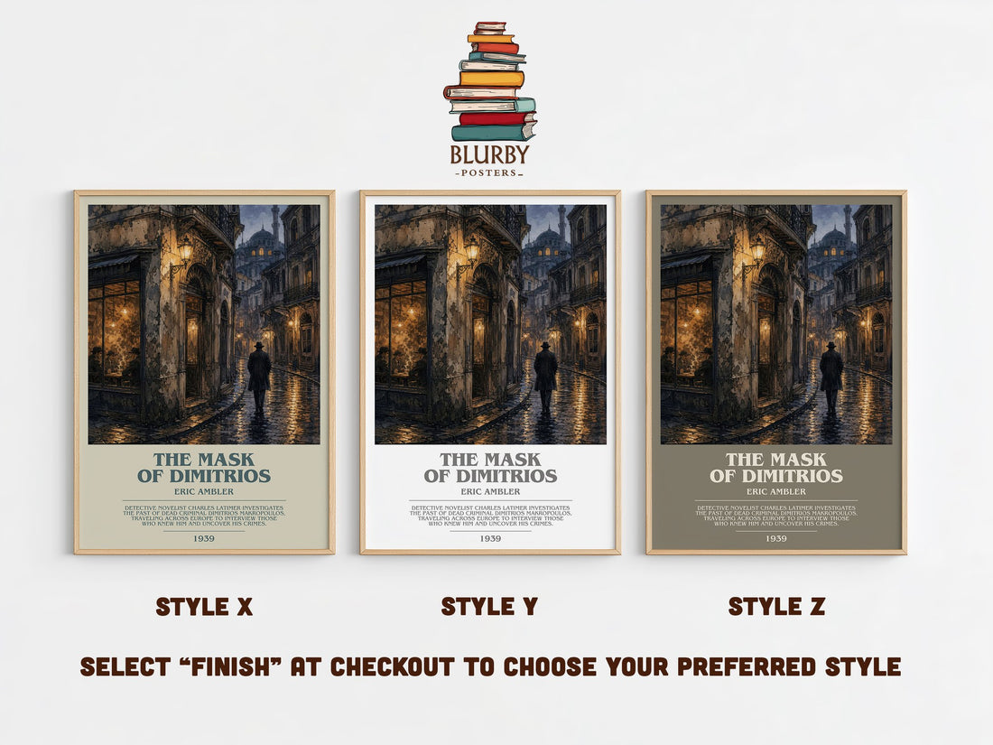 The Mask of Dimitrios bookish print in frame leaning in hallway – thriller wall art (mockup)
