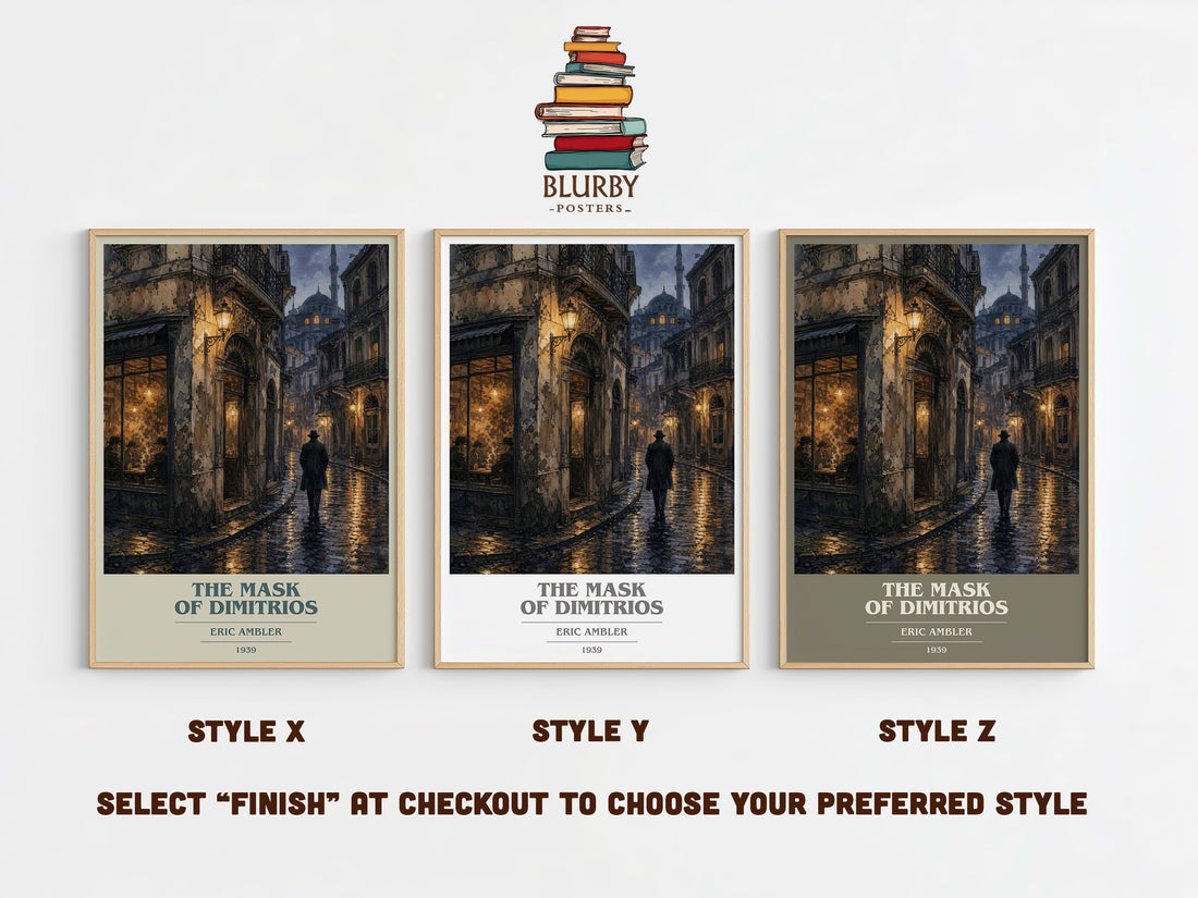 The Mask of Dimitrios book cover print in frame leaning in hallway – thriller wall art (mockup)