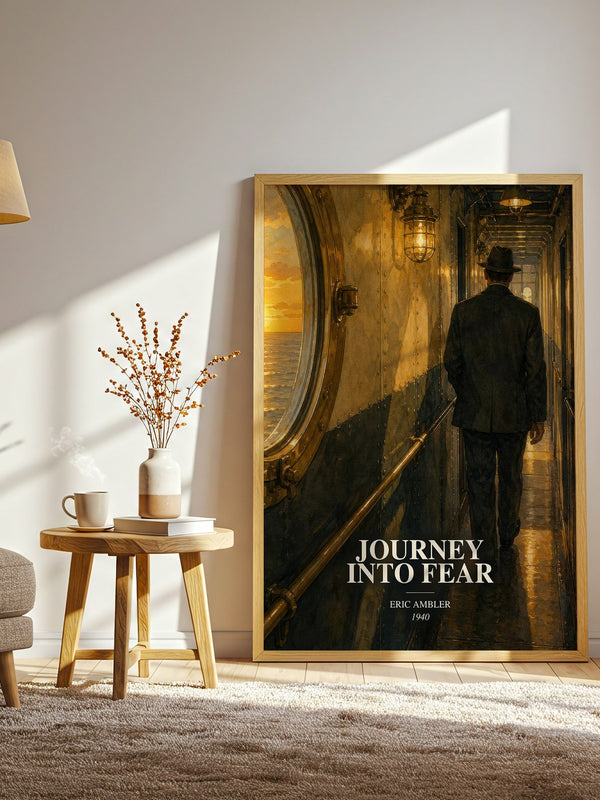 Journey into Fear watercolour print in frame leaning in hallway – thriller wall art