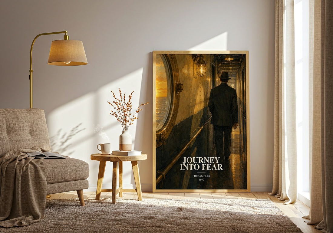 Journey into Fear watercolour print in frame leaning in hallway – thriller wall art (mockup)