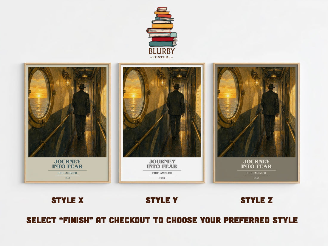 Journey into Fear book cover print in frame leaning in hallway – thriller wall art (mockup)