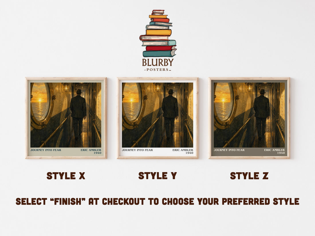 Journey into Fear literary print in frame leaning in hallway – thriller wall art (mockup)