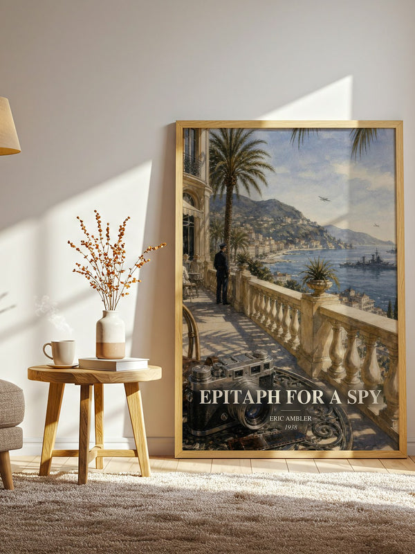Epitaph for a Spy watercolour print in frame leaning in hallway – thriller wall art