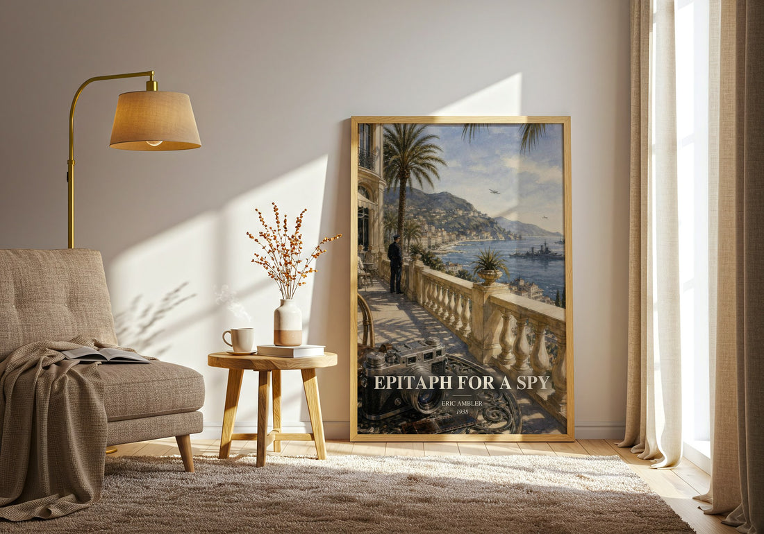 Epitaph for a Spy watercolour print in frame leaning in hallway – thriller wall art (mockup)