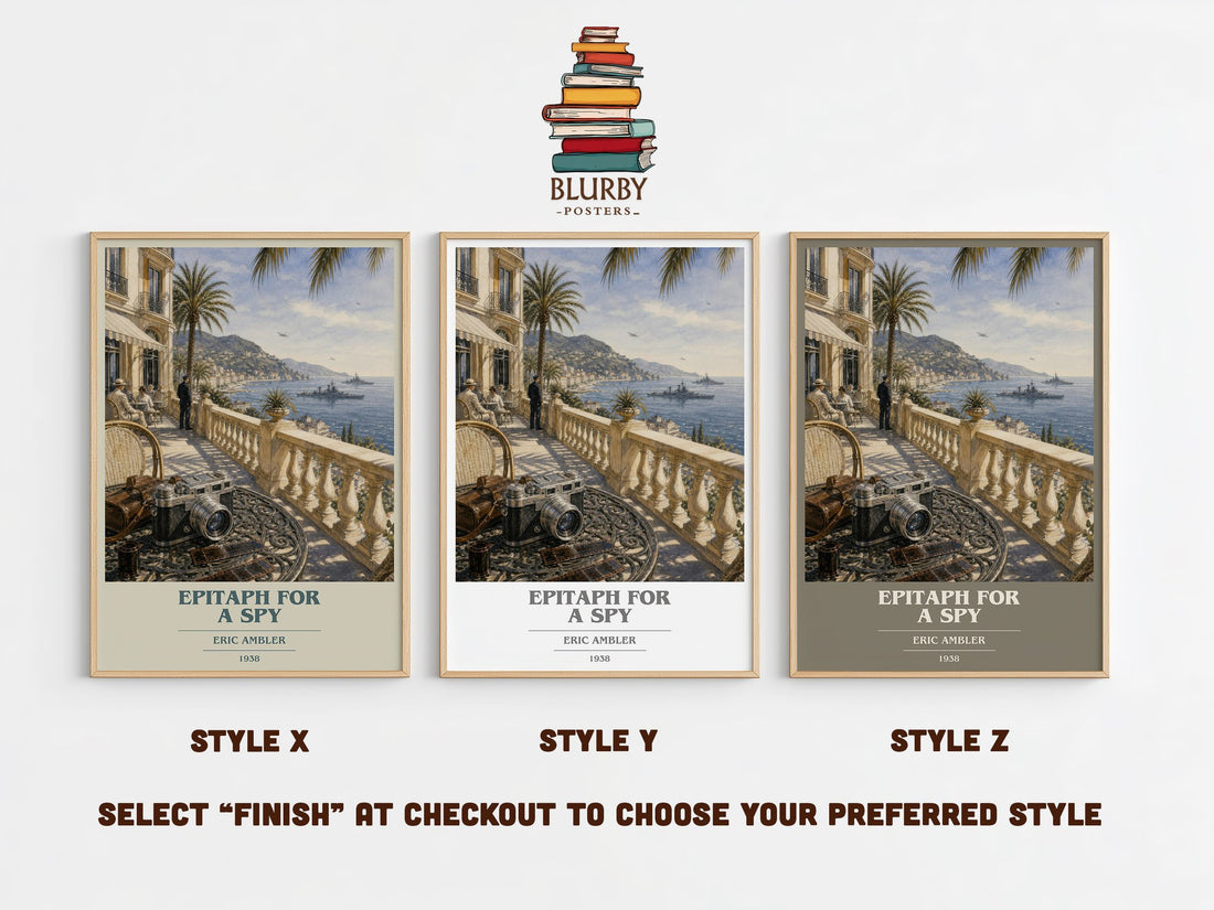Epitaph for a Spy book cover print in frame leaning in hallway – thriller wall art (mockup)