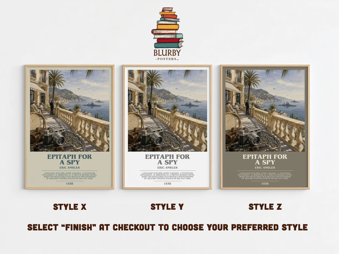 Epitaph for a Spy bookish print in frame leaning in hallway – thriller wall art (mockup)