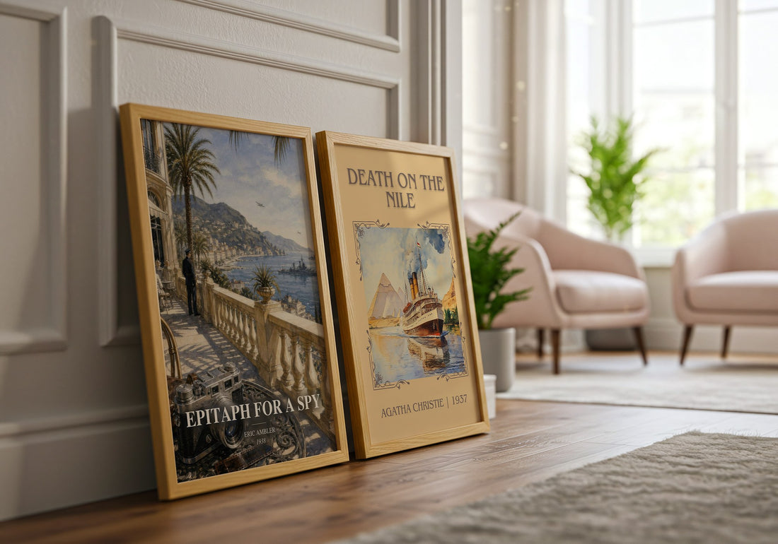 Epitaph for a Spy watercolour print framed by window – literary home decor