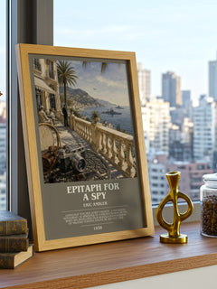 Epitaph for a Spy bookish print framed by window – literary home decor
