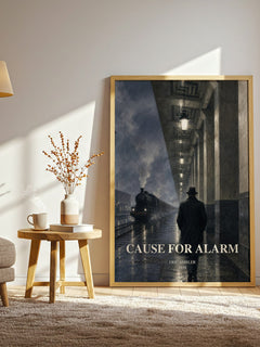 Cause for Alarm watercolour print in frame leaning in hallway – thriller wall art