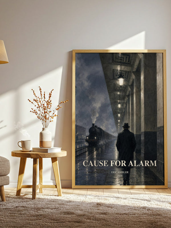 Cause for Alarm watercolour print in frame leaning in hallway – thriller wall art