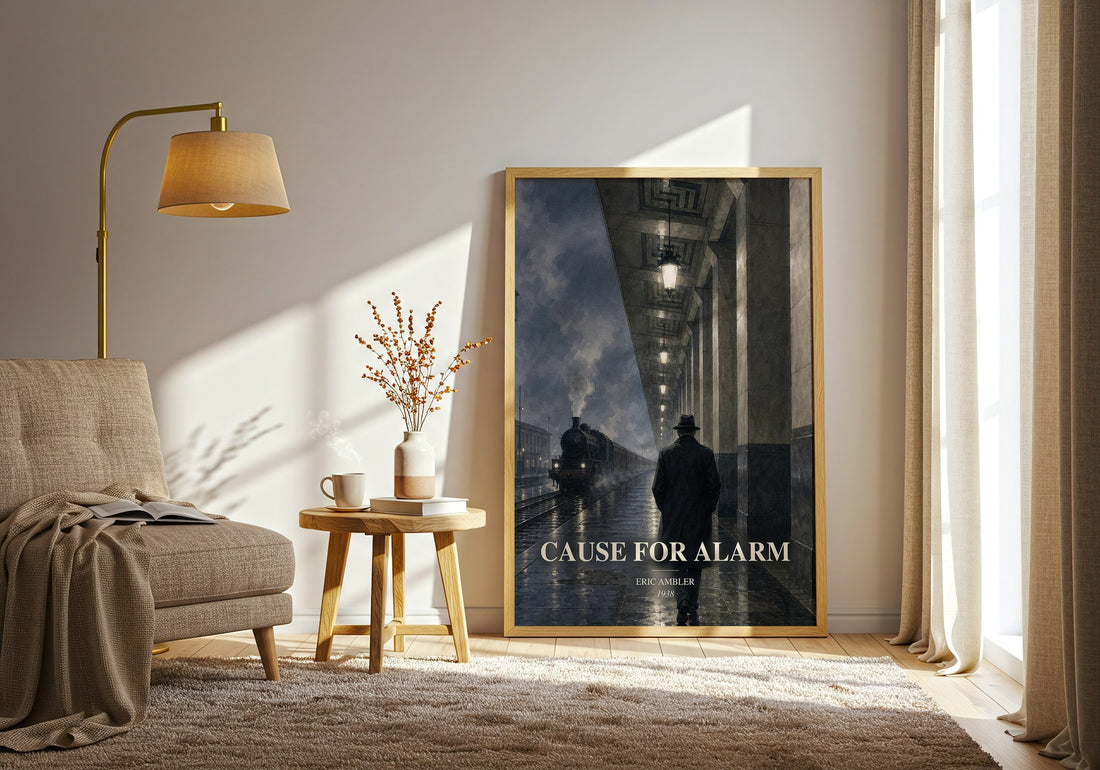 Cause for Alarm watercolour print in frame leaning in hallway – thriller wall art (mockup)