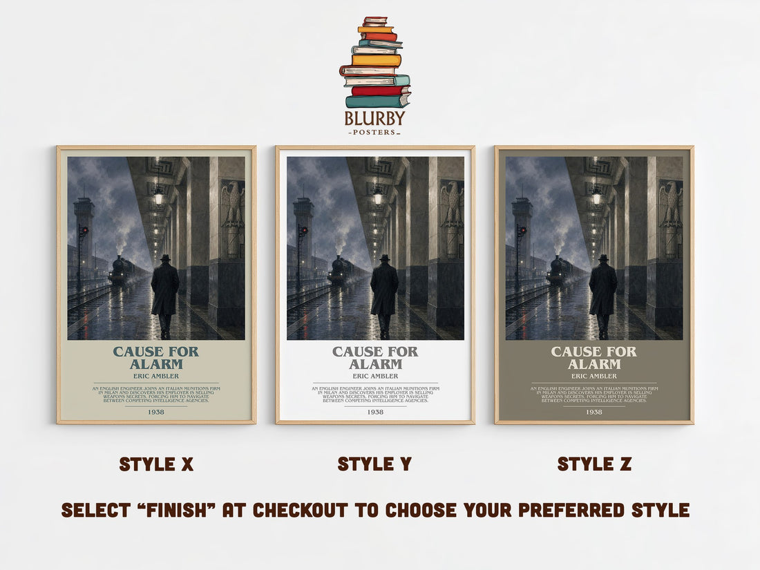 Cause for Alarm bookish print in frame leaning in hallway – thriller wall art (mockup)