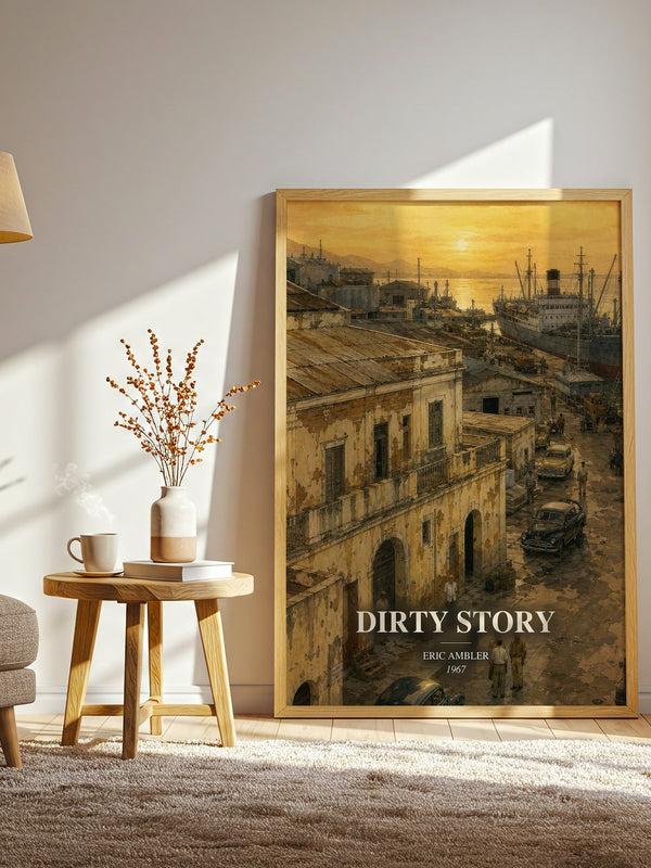 Dirty Story watercolour print in frame leaning in hallway – thriller wall art