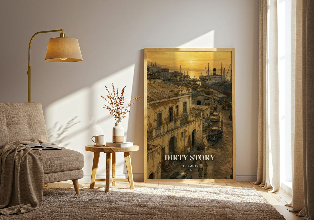 Dirty Story watercolour print in frame leaning in hallway – thriller wall art (mockup)