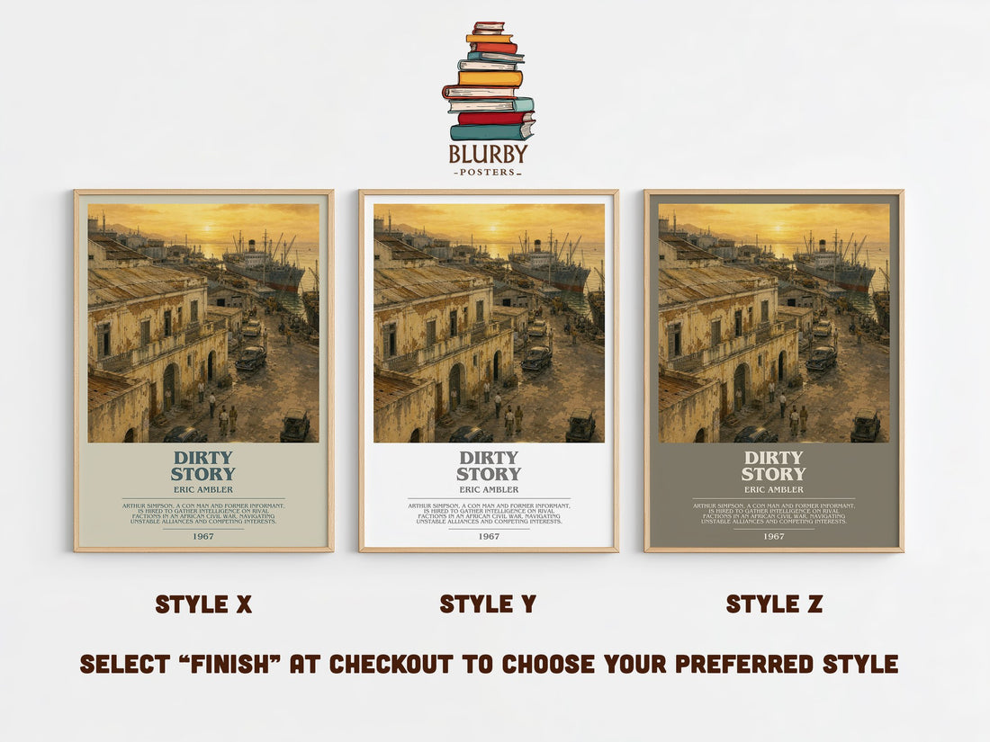 Dirty Story bookish print in frame leaning in hallway – thriller wall art (mockup)