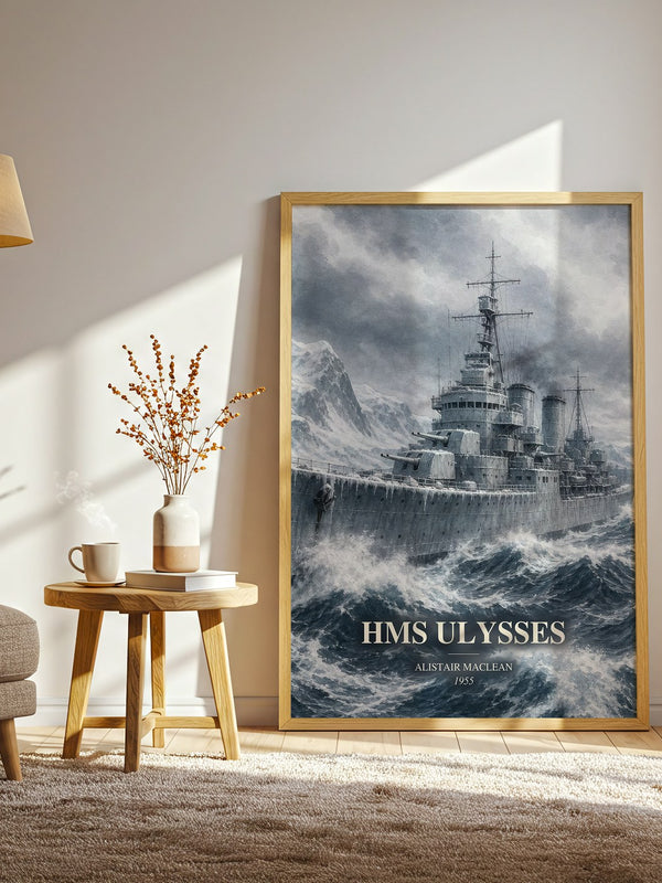 HMS Ulysses watercolour print in frame leaning in hallway – adventure wall art