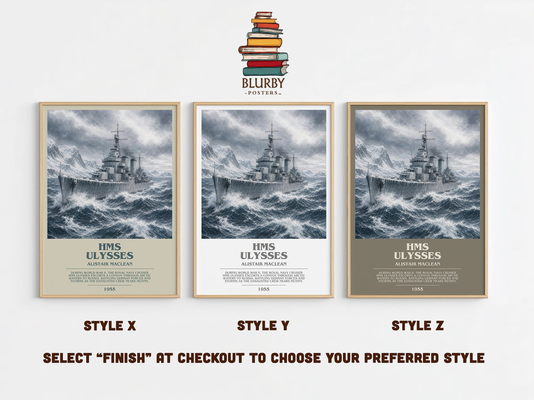 HMS Ulysses bookish print in frame leaning in hallway – adventure wall art (mockup)