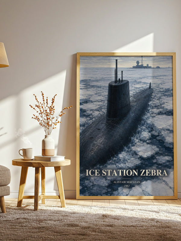 Ice Station Zebra watercolour print in frame leaning in hallway – thriller wall art