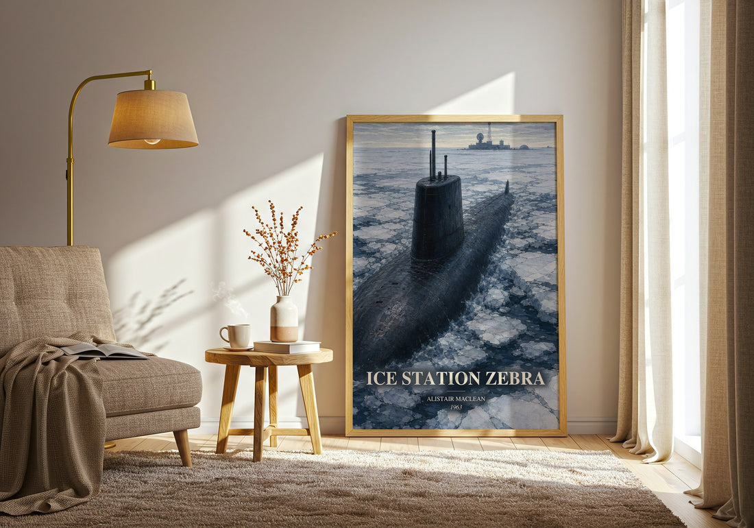 Ice Station Zebra watercolour print in frame leaning in hallway – thriller wall art (mockup)