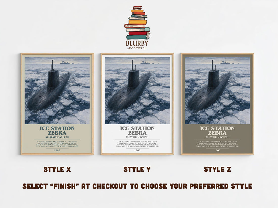 Ice Station Zebra bookish print in frame leaning in hallway – thriller wall art (mockup)
