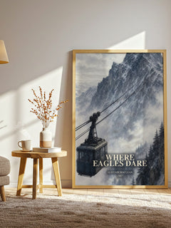 Where Eagles Dare watercolour print in frame leaning in hallway – thriller wall art