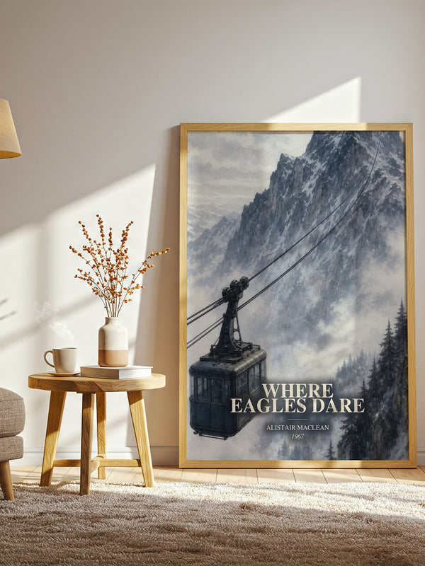 Where Eagles Dare watercolour print in frame leaning in hallway – thriller wall art
