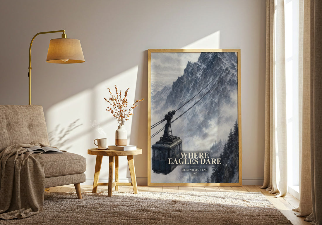 Where Eagles Dare watercolour print in frame leaning in hallway – thriller wall art (mockup)