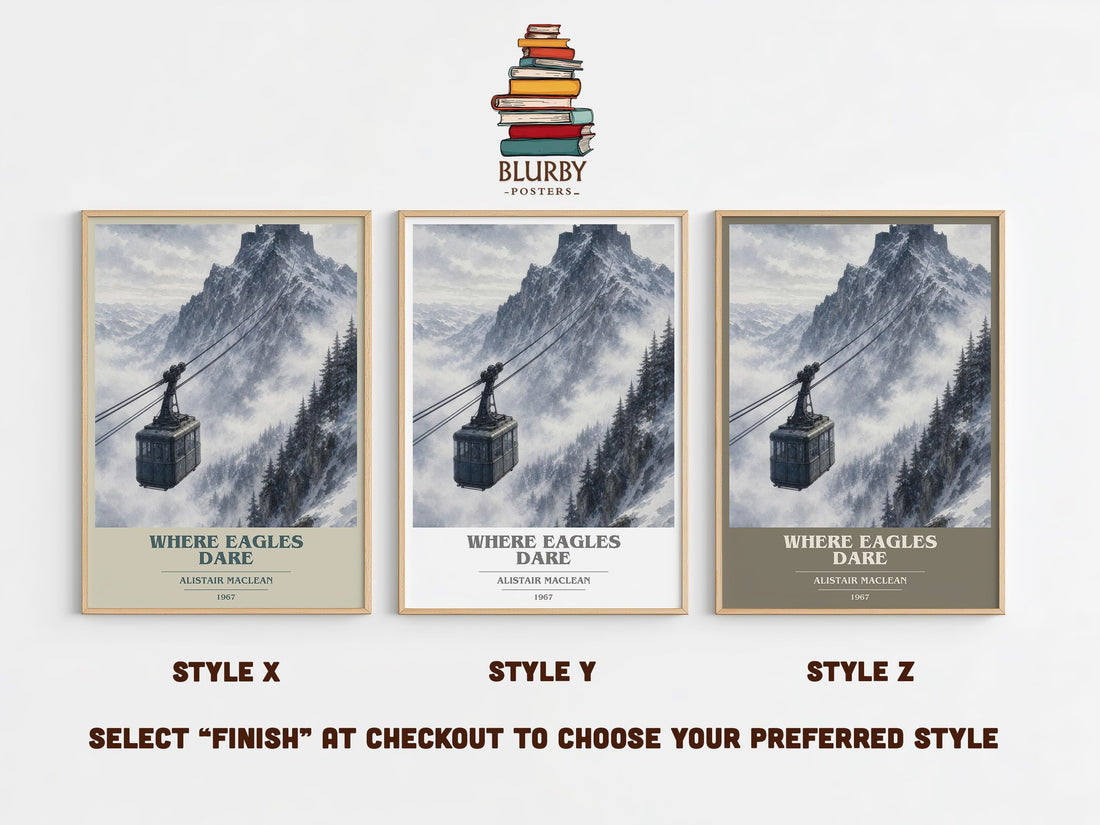 Where Eagles Dare book cover print in frame leaning in hallway – thriller wall art (mockup)