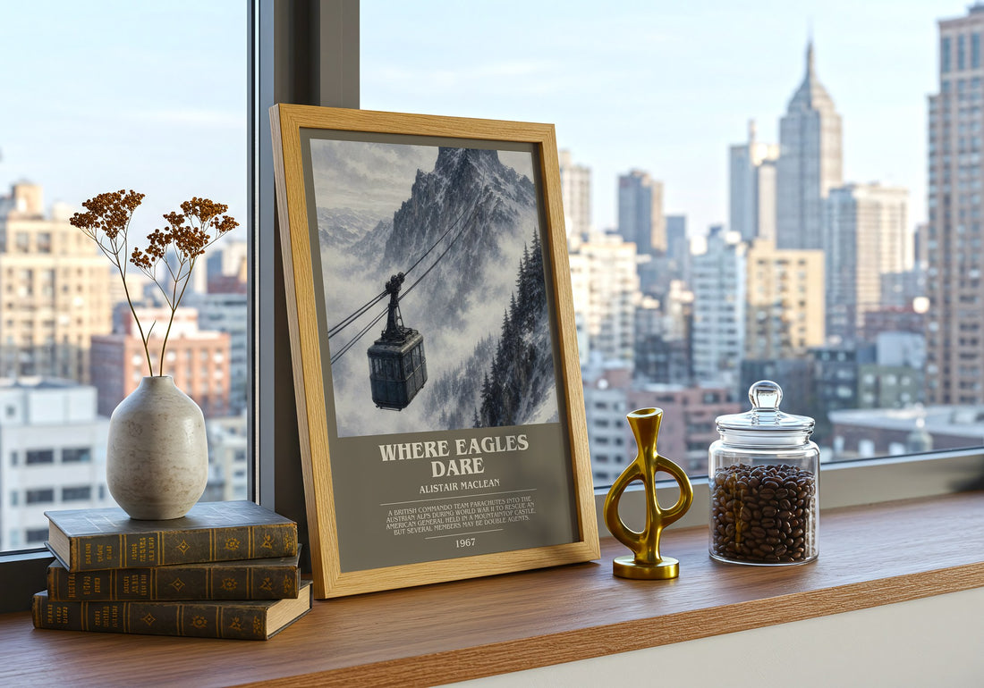 Where Eagles Dare bookish print framed by window – literary home decor