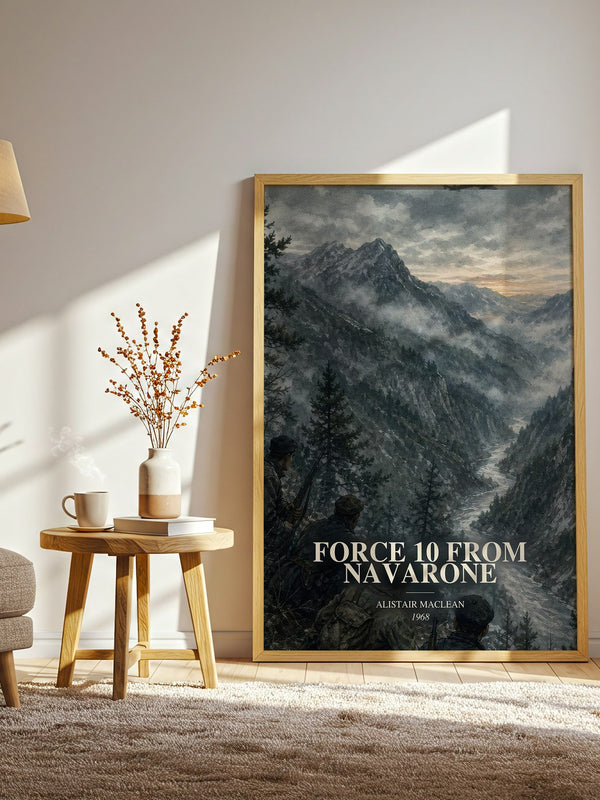 Force 10 from Navarone watercolour print in frame leaning in hallway – adventure wall art