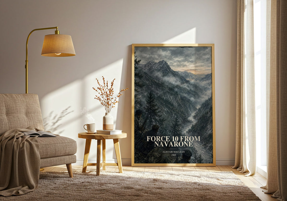 Force 10 from Navarone watercolour print in frame leaning in hallway – adventure wall art (mockup)