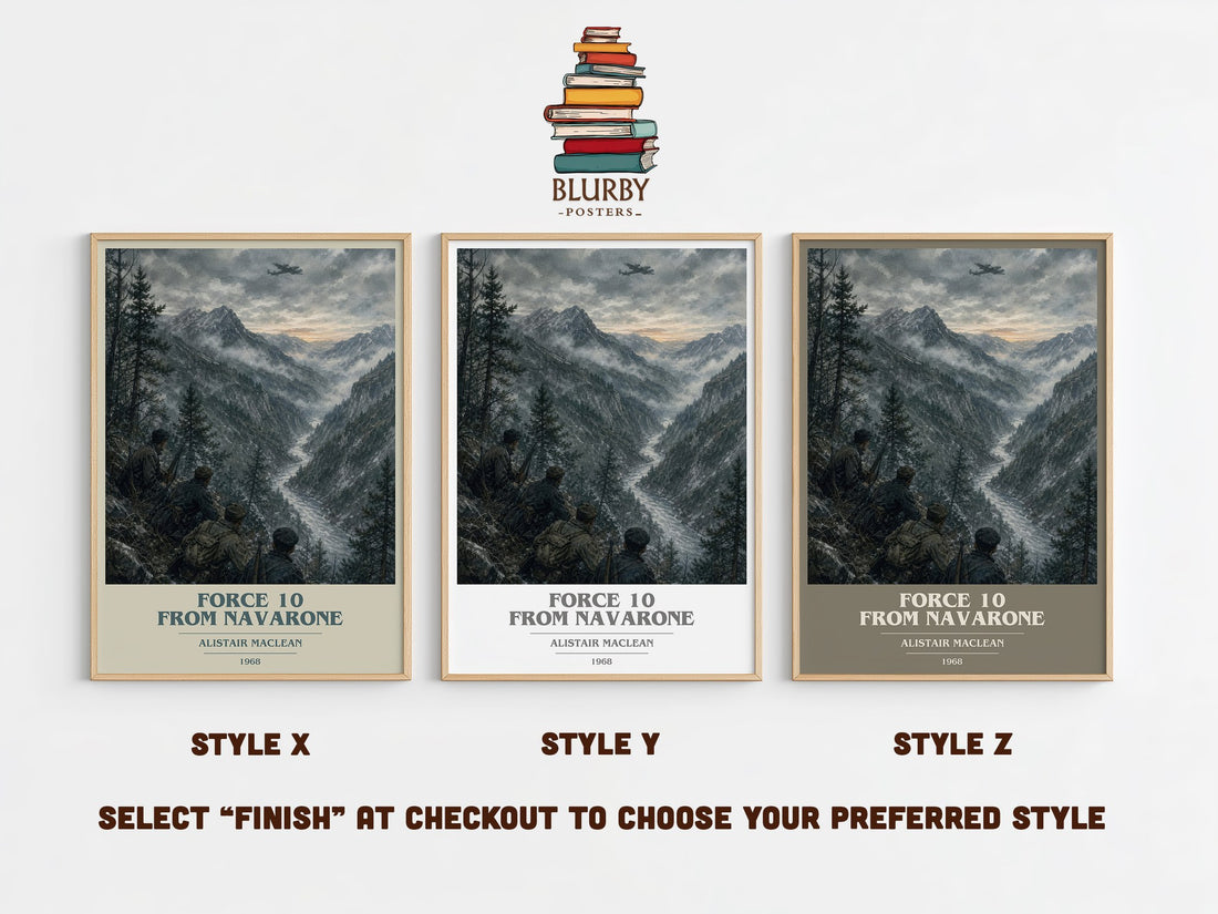 Force 10 from Navarone book cover print in frame leaning in hallway – adventure wall art (mockup)