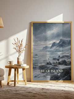 Bear Island watercolour print in frame leaning in hallway – thriller wall art