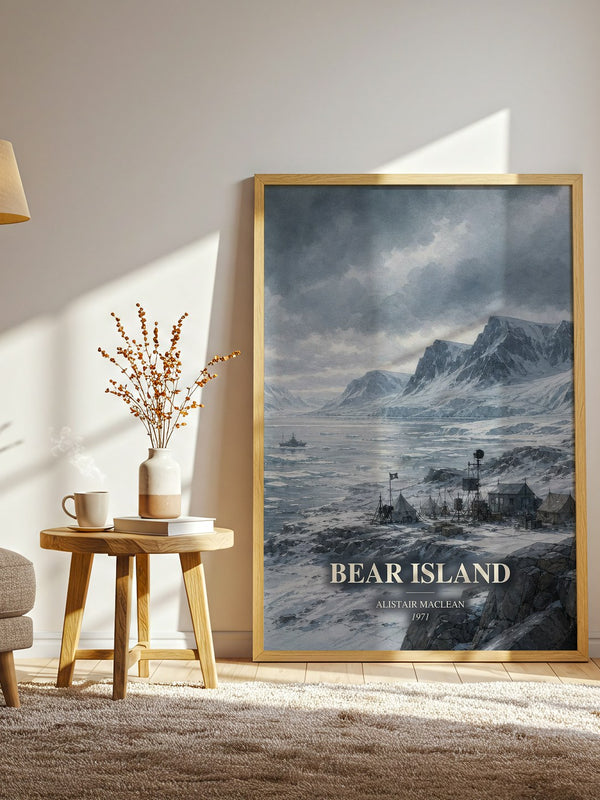 Bear Island watercolour print in frame leaning in hallway – thriller wall art