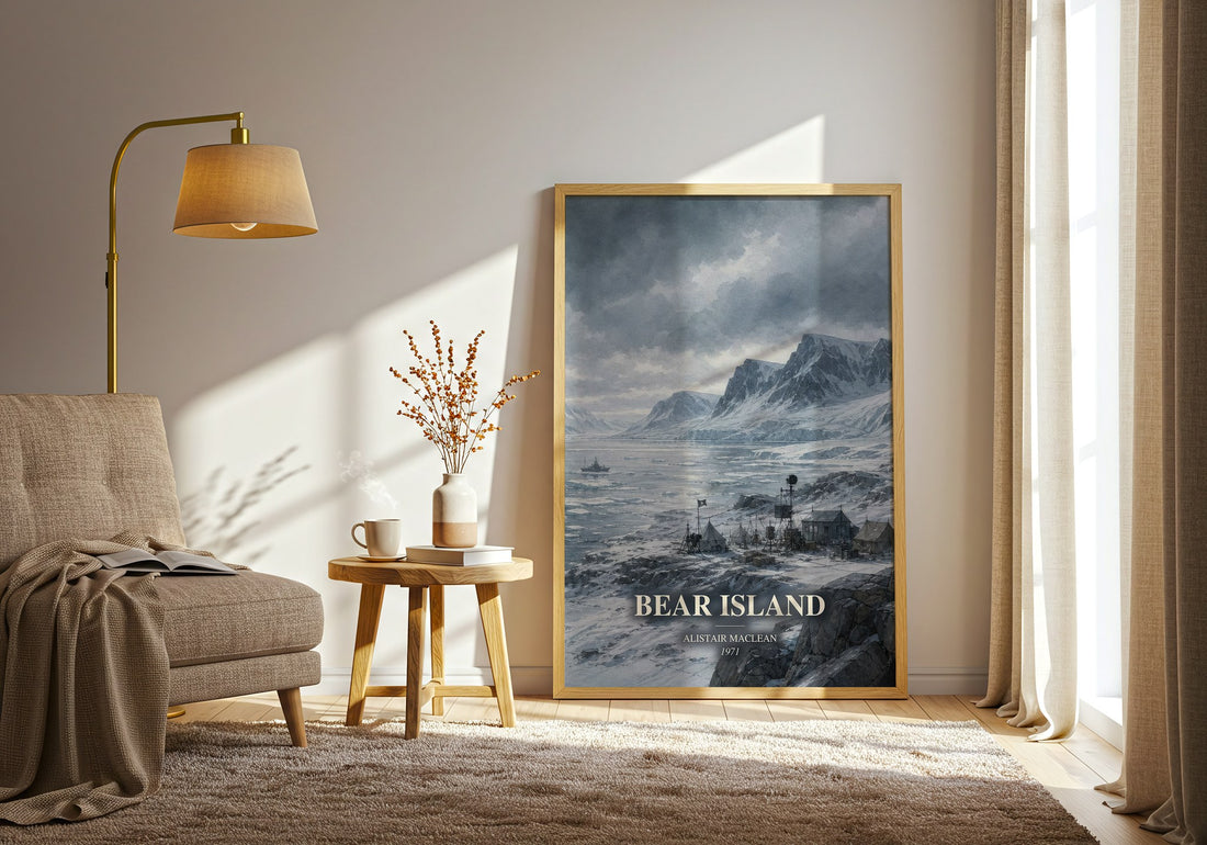 Bear Island watercolour print in frame leaning in hallway – thriller wall art (mockup)