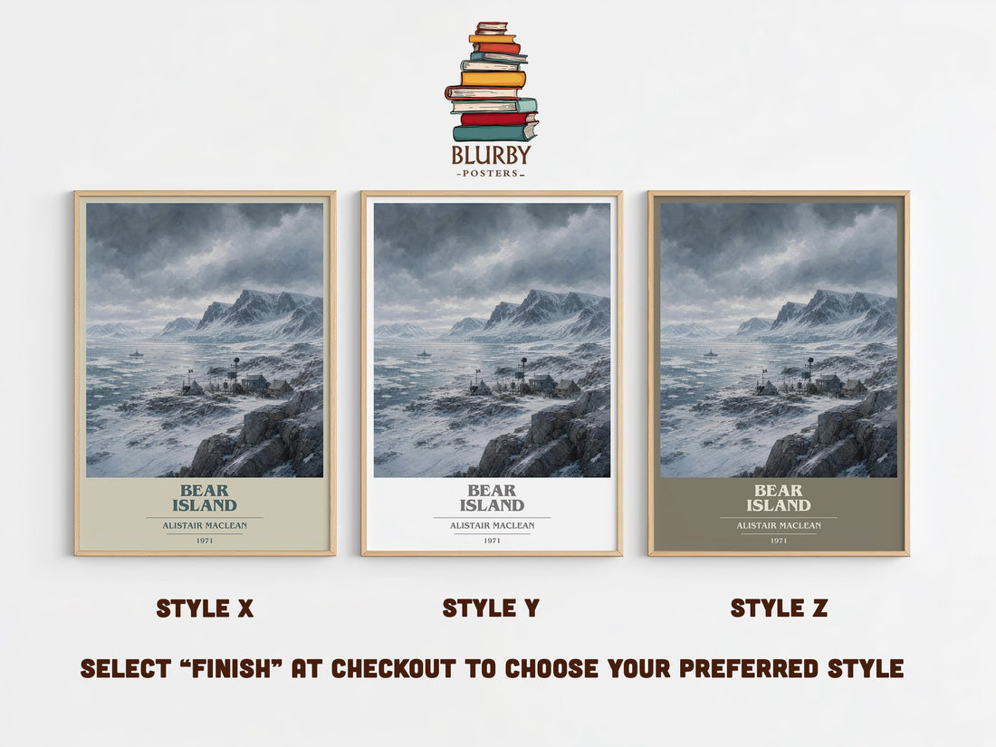 Bear Island book cover print in frame leaning in hallway – thriller wall art (mockup)