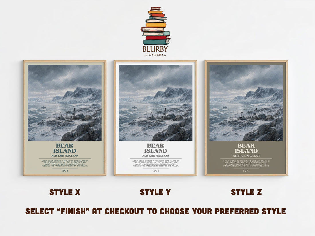 Bear Island bookish print in frame leaning in hallway – thriller wall art (mockup)