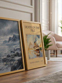 Bear Island watercolour print framed by window – literary home decor