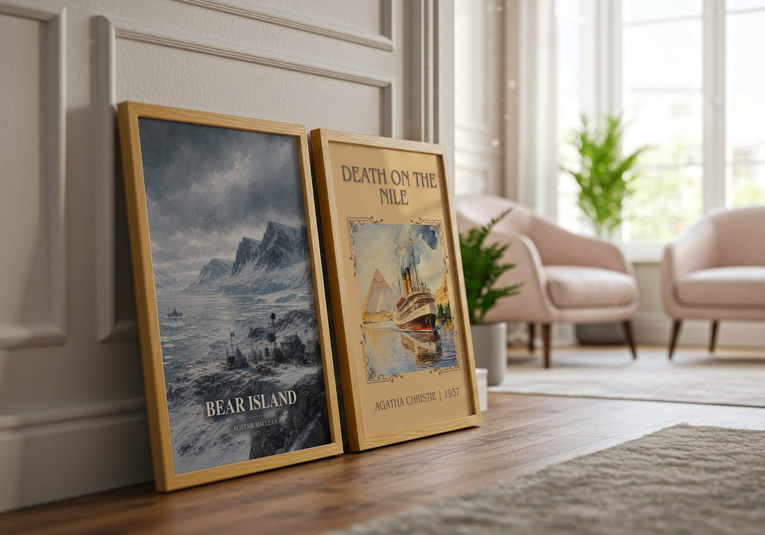 Bear Island watercolour print framed by window – literary home decor